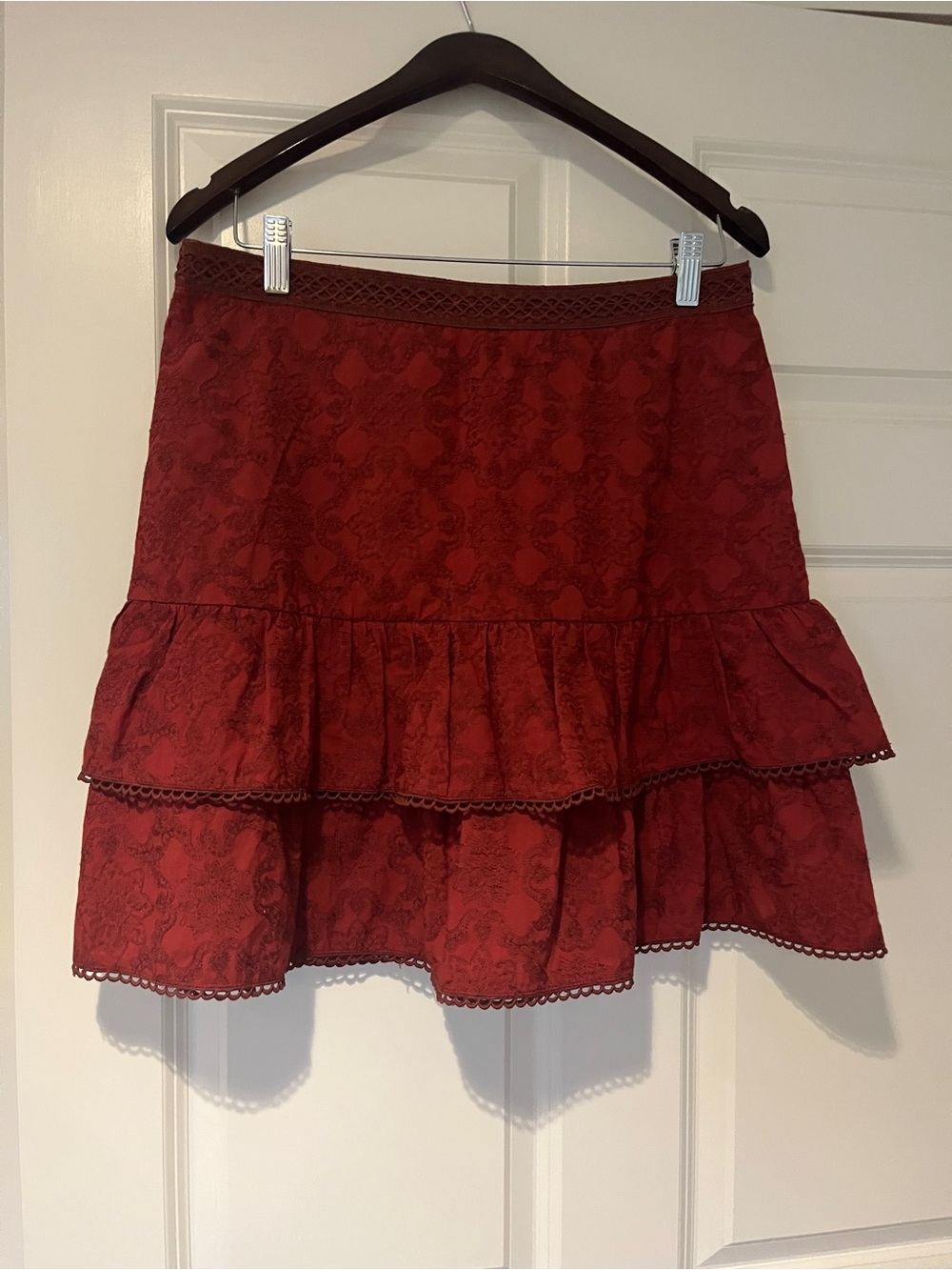 Anthropologie Deep Red/orange Lace-Trim Skirt